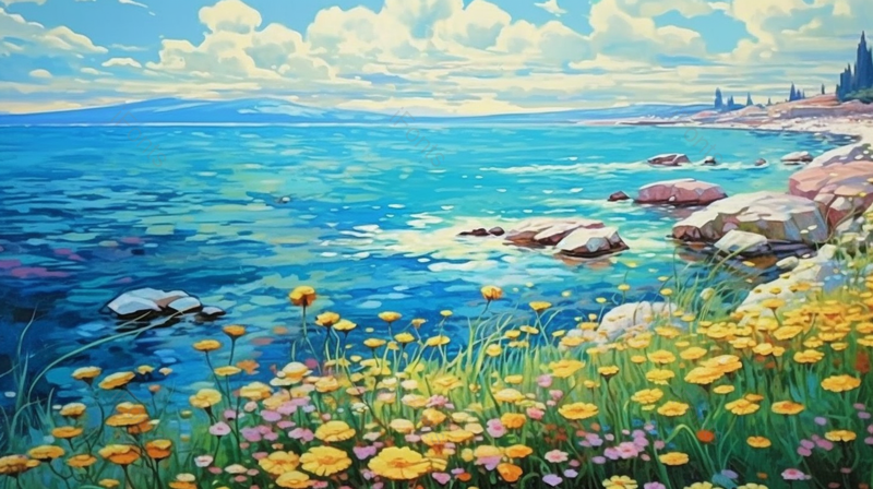 夏天岸边蓝色大海唯美风景插画,插画/手绘图,插画/手绘图库,插画/手绘图下载,插画/手绘